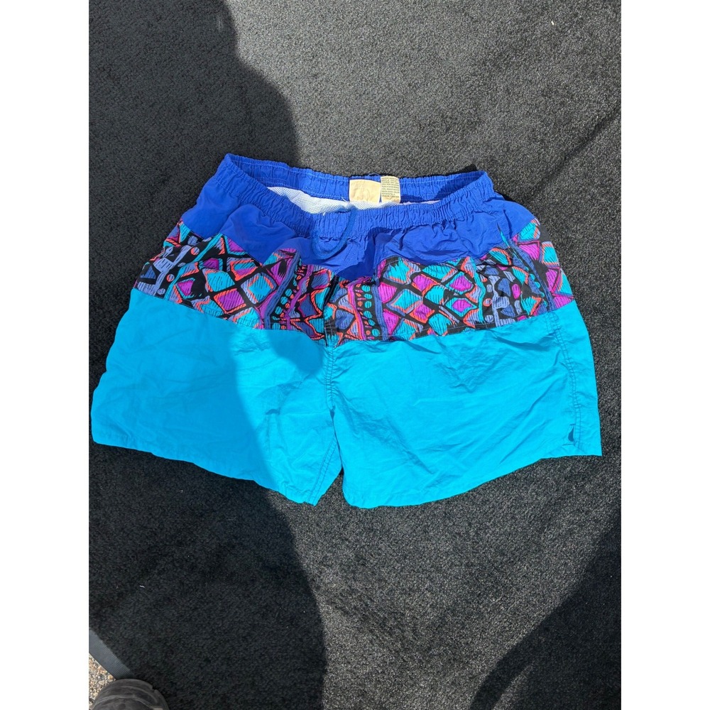Vintage 90s Swim Trunks Mens Medium Blue Geometric Tribal Print Mesh Lined Short